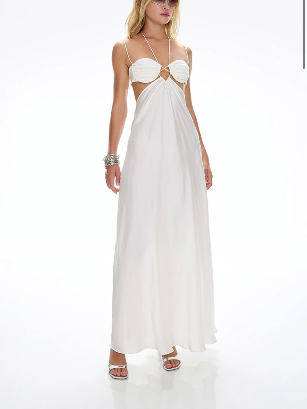 Cin Cin White Strappy Cutout Satin Maxi Dress Gown